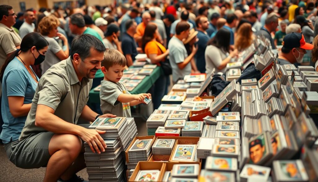 A vibrant sports card show scene, featuring a diverse group of collectors examining dollar boxes filled with varied sports cards. In the foreground, a father and child kneel beside a stack of boxes, carefully checking the contents. The child is excitedly pointing at a rare card, wearing a casual T-shirt and shorts, while the father, dressed in a short-sleeve button-up shirt, looks on with interest. In the middle ground, vendors showcase their collections on tables, some adorned with colorful memorabilia of local sports heroes and complete sets. The background shows a lively crowd, enhancing the atmosphere of camaraderie among collectors. The lighting is warm and inviting, capturing the energy of the event, with a shallow depth of field focusing on the father and child while softly blurring the bustling scene behind them. A vibrant sports card show scene, featuring a diverse group of collectors examining dollar boxes filled with varied sports cards. In the foreground, a father and child kneel beside a stack of boxes, carefully checking the contents. The child is excitedly pointing at a rare card, wearing a casual T-shirt and shorts, while the father, dressed in a short-sleeve button-up shirt, looks on with interest. In the middle ground, vendors showcase their collections on tables, some adorned with colorful memorabilia of local sports heroes and complete sets. The background shows a lively crowd, enhancing the atmosphere of camaraderie among collectors. The lighting is warm and inviting, capturing the energy of the event, with a shallow depth of field focusing on the father and child while softly blurring the bustling scene behind them.