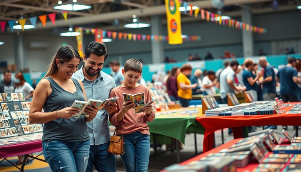 A vibrant sports card show scene, showcasing family trading cards prominently displayed on tables. In the foreground, a family of four—parents and two children—enthusiastically examining cards in modest casual clothing, with smiles and excitement. The middle section features neatly organized card displays on vibrant tables, with a variety of sports cards and memorabilia, adding color and detail. In the background, other attendees engage in friendly barter and conversation, surrounded by colorful banners and decorations that create a festive atmosphere. Soft, warm lighting enhances the inviting feel, captured from a slightly elevated angle to provide an overview of the bustling event, encouraging a sense of community and collaboration in trading among families. A vibrant sports card show scene, showcasing family trading cards prominently displayed on tables. In the foreground, a family of four—parents and two children—enthusiastically examining cards in modest casual clothing, with smiles and excitement. The middle section features neatly organized card displays on vibrant tables, with a variety of sports cards and memorabilia, adding color and detail. In the background, other attendees engage in friendly barter and conversation, surrounded by colorful banners and decorations that create a festive atmosphere. Soft, warm lighting enhances the inviting feel, captured from a slightly elevated angle to provide an overview of the bustling event, encouraging a sense of community and collaboration in trading among families.